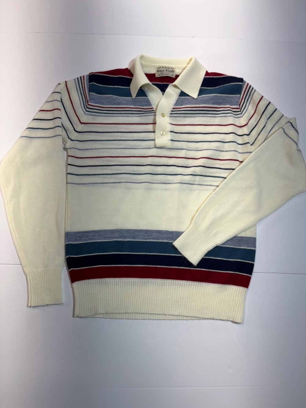 Vintage 70s 80s Royal Knight Striped Knit Long Sleeve Polo Sweater Medium